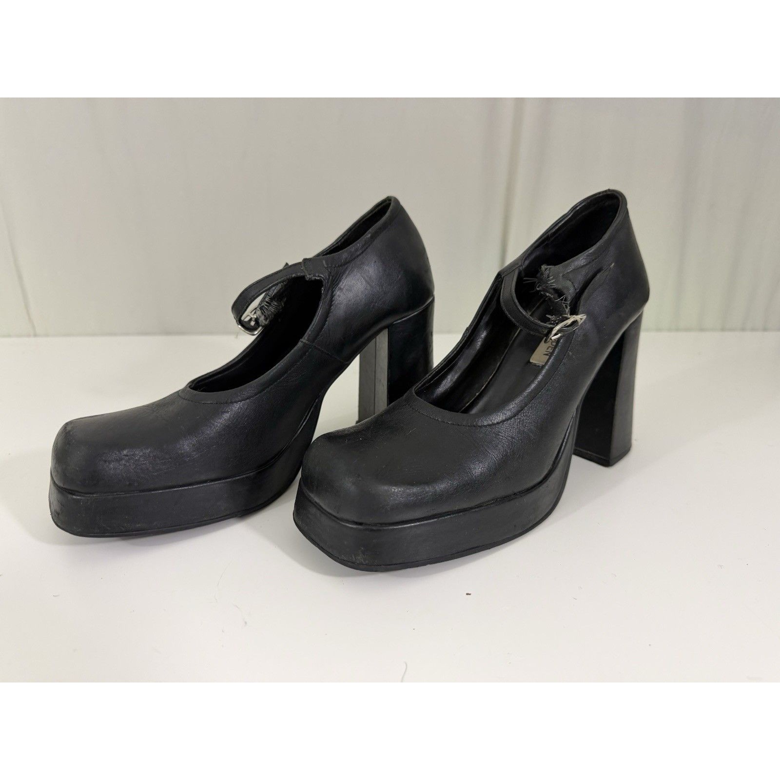 90s Y2k Vtg Steve Madden Platform Mary Jane Heels 7.5-8 Black Square Toe *Read*
